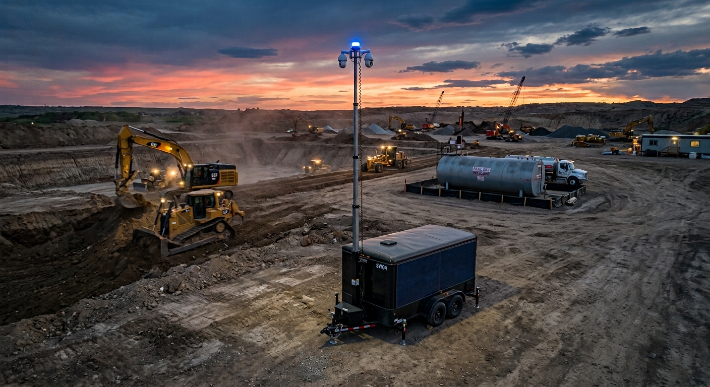EyeOut surveillance trailer on a construction site, drone view